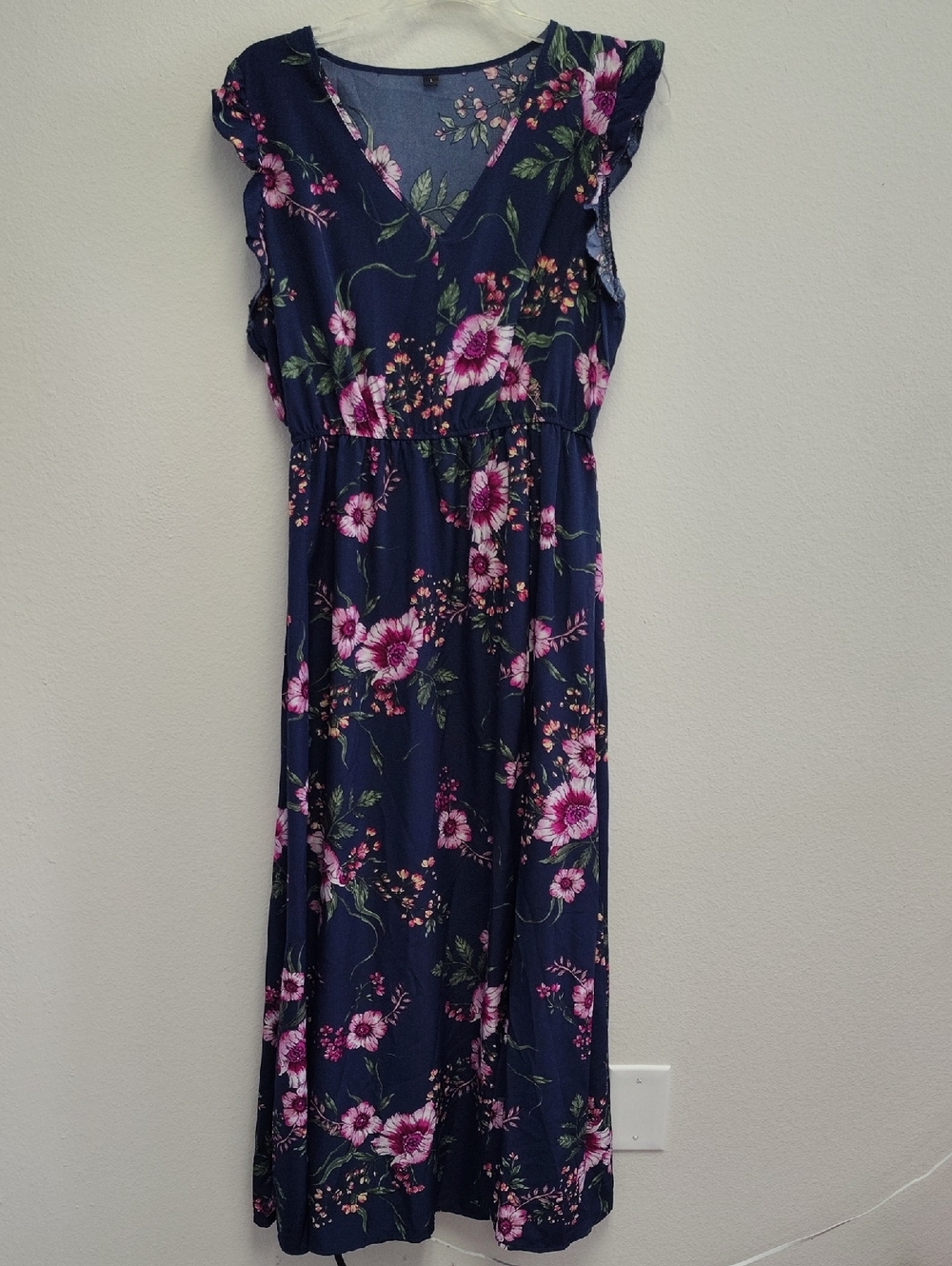 Navy Floral Midi Dress with Pink Blooms
